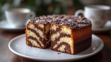 Wall Mural - Served with a cup of tea on a white plate, this exquisitely swirled marble cake is split to show off its chocolate and vanilla design. The background is straightforward, including tasteful tableware a