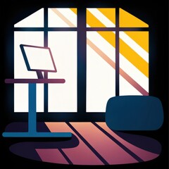 Aufkleber - A minimalist interior scene featuring a desk with a monitor and a window casting striped sunlight onto the floor.
