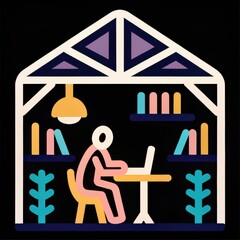 Aufkleber - A cozy workspace in a garden shed, featuring a person working on a laptop surrounded by books and plants, illuminated by a hanging lamp.