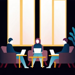Aufkleber - Three people are collaborating around a table with laptops in a modern, bright setting, featuring large windows and stylish furniture.