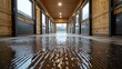 © Євген Луганський - Reflective corridor of a rustic stable with wet floor and natural light guiding towards open doors