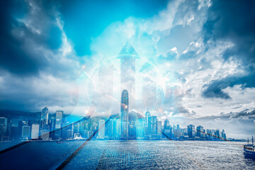 Aufkleber - Hong Kong cityscape with a conceptual upward arrow symbolizes business growth and growing up in a thriving urban environment.