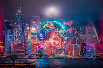 Fototapete - Hong Kong at night showcases a business concept growing, with vibrant lines connecting the cityscape, symbolizing urban development.