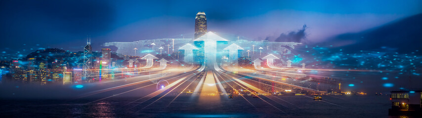 Fototapete - Hong Kong at night, a vibrant cityscape with glowing arrows pointing up, symbolizing business growth and a concept of growing up in a dynamic environment.