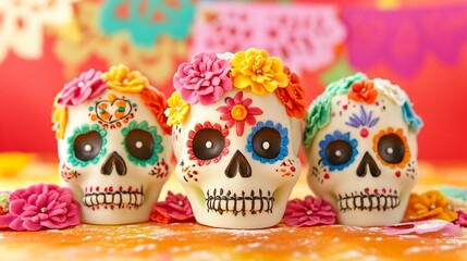 Poster - Mexican Day of the Dead marzipan skulls, decorated with colorful icing and sugar flowers, placed against a festive papel picado background