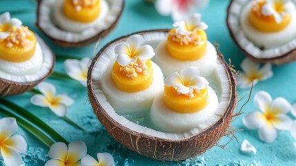 Poster - Summer-inspired tropical marzipan treats, flavored with mango and passionfruit, served on a coconut shell with a turquoise ocean backdrop