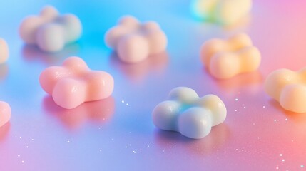 Poster - Surrealist marzipan sweets, shaped like tiny dreamlike cloud formations, placed on a celestial-themed gradient background