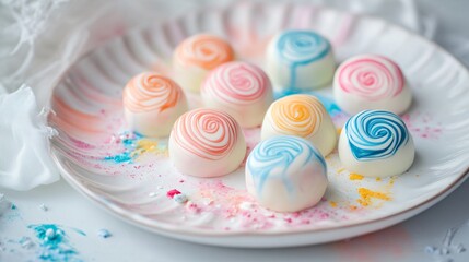 Poster - Watercolor-inspired marzipan sweets, featuring soft pastel swirls, plated on a hand-painted ceramic dish with artistic brushstroke patterns