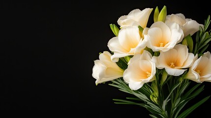 Canvas Print - Close-up of white freesia flowers reveals intricate details and vibrant colors illuminated by professional studio lighting