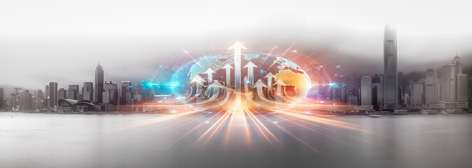 Fototapete - Hong Kong skyline concept with glowing arrows ascending from a globe. Represents business growth, symbolizing growing up and city development.