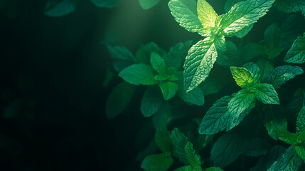Fototapete - Mint leaves with light glow against dark foggy background