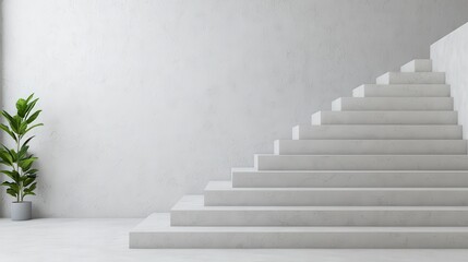 Wall Mural - A modern interior featuring minimalist white stairs leading upward, complemented by a potted plant, creating a serene and spacious atmosphere.