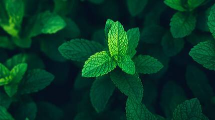 Fototapete - Vibrant mint leaves illuminated by subtle light for natural design aesthetics