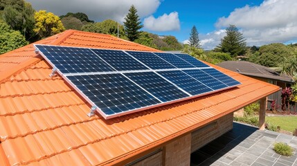 Wall Mural - A rooftop with solar panels installed, set against a backdrop of blue skies and greenery, highlighting renewable energy use.