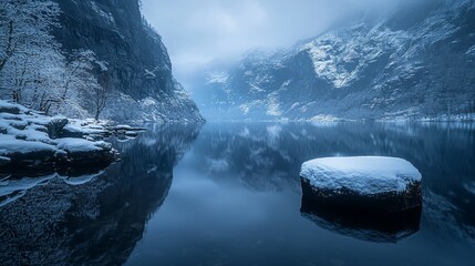 Winter fjord landscape reflecting mountains and sky for website background use