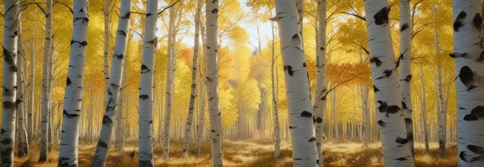 Wall Mural - Dense foliage of aspen trees swaying in the autumn breeze, leaf rustling, autumn aspens