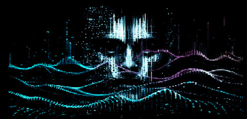 Leinwandbilder - Vector illustration of a digital, pixelated face emerging from a dark background, creating a futuristic and mysterious atmosphere with glitch-like visual effects.

