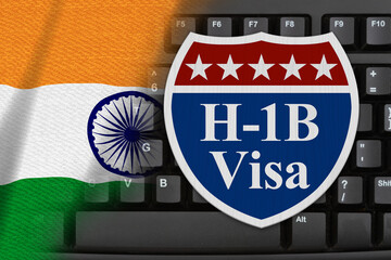 Wall Mural - Indian flag and h1b visa sign on a computer keyboard