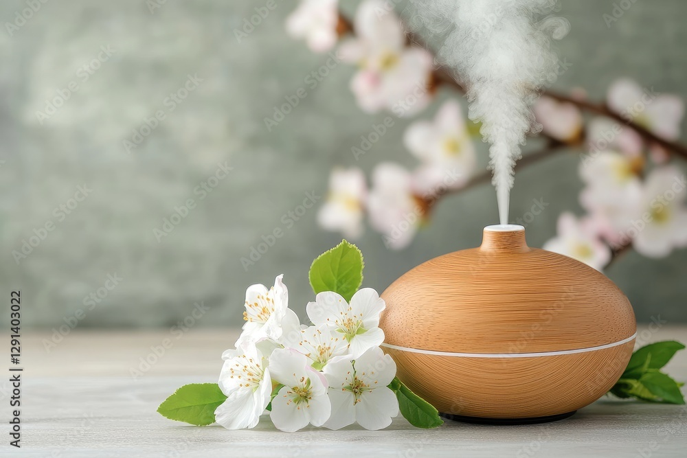 Aroma oil diffuser releasing calming steam into air with spring flowers ...