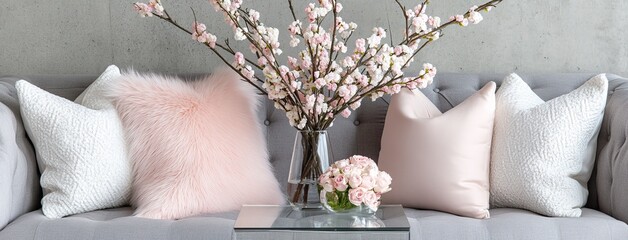 Wall Mural - A stylish living room with a gray sofa, pink fur blanket, and floral arrangements on a glass table enhances a minimalist look