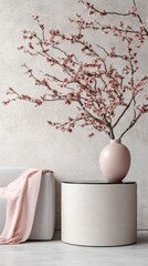 Wall Mural - A stylish living room with a gray sofa, pink fur blanket, and floral arrangements on a glass table enhances a minimalist look