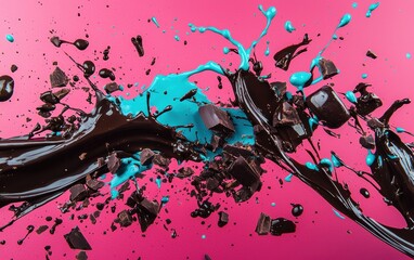 Canvas Print - Splashes of turquoise chocolate on bright magenta background