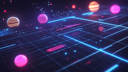 Wall Mural - Abstract Digital Landscape with Colorful Floating Spheres and Lines