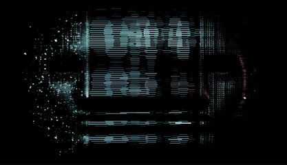 Fototapete - Vector illustration of a mysterious digital face merging with glitch effects and binary elements. The dark, abstract style conveys themes of technology and artificial intelligence.