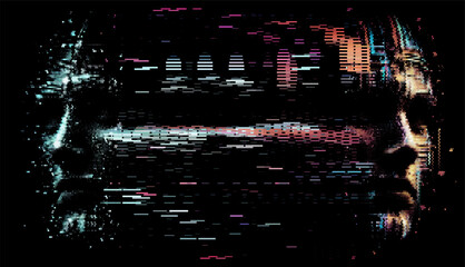 Aufkleber - Vector illustration of a mysterious digital face merging with glitch effects and binary elements. The dark, abstract style conveys themes of technology and artificial intelligence.