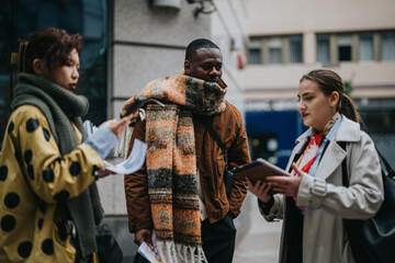 Wall Mural - A group of three people discussing, sharing ideas, and collaborating effectively in an urban setting, fostering teamwork and innovation.