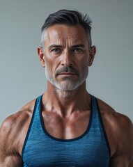 Wall Mural - A middle aged male yoga instructor in athletic wear close up portrait on plain background