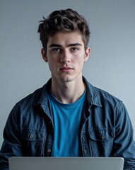 A young male programmer in casual attire with a laptop on a plain background