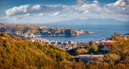 Wall Mural - captivating summer cityscape of himara town, vlore, albania, europe. impressive morning seascape of 
