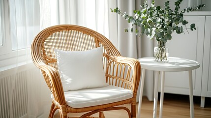 Canvas Print - Wicker armchair sits beside a white table featuring a vase of eucalyptus and flowers, illuminated by bright natural light from the window