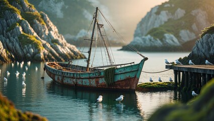 Wall Mural - old fishing boat rests peacefully in a calm bay surrounded by rocky cliffs and gentle waves at sunse