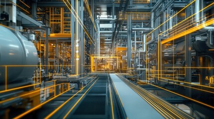 Wall Mural - ai-powered digital twin technology, visualizing a virtual replica of an industrial factory in real-t