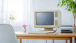 © Maciej Koba - Vintage Computer Workstation: Retro Home Office Setup with Minimalist Decor and Pastel Aesthetics