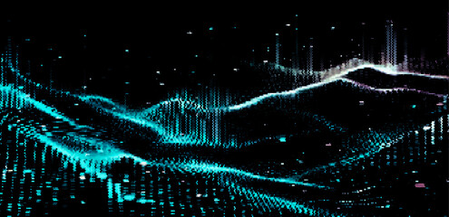 Poster - Vector illustration depicting a flowing wave pattern of blue dots against a dark background. It evokes fluid motion and digital aesthetics, blending technology and art in a harmonious design.