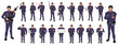 © AryanRaj - Police Officer Character Design Model Sheet. Man, Character design. Front, side, back view and explainer animation poses. Character set with lip sync and Walk cycle animation sequences.