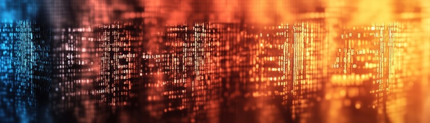 Colorful abstract background featuring binary code and digital elements with vibrant hues and patterns