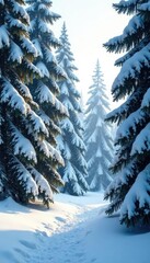 Wall Mural - Dense forest of pine trees under a blanket of fresh snow, frozen, snowflakes, pine