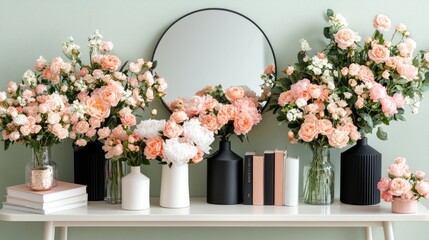 Canvas Print - Light green walls frame a round mirror above a white fireplace adorned with peonies, pink roses, and stacked books, enhancing the decor