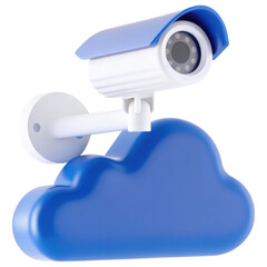Poster - A blue security camera mounted on a cloud-shaped base, symbolizing cloud storage and surveillance technology.