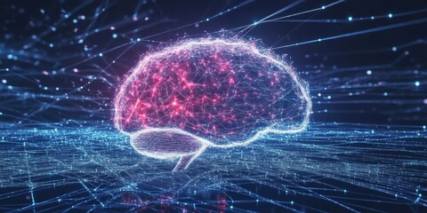 Cybernetic AI brain merging with a cloud computing network, symbolizing global connectivity