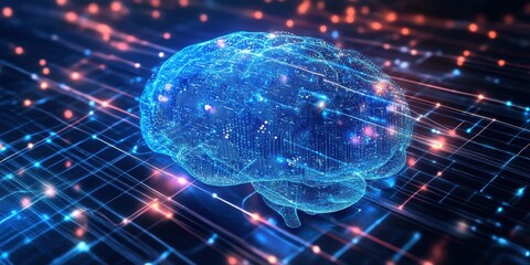 Cybernetic AI brain merging with a cloud computing network, symbolizing global connectivity