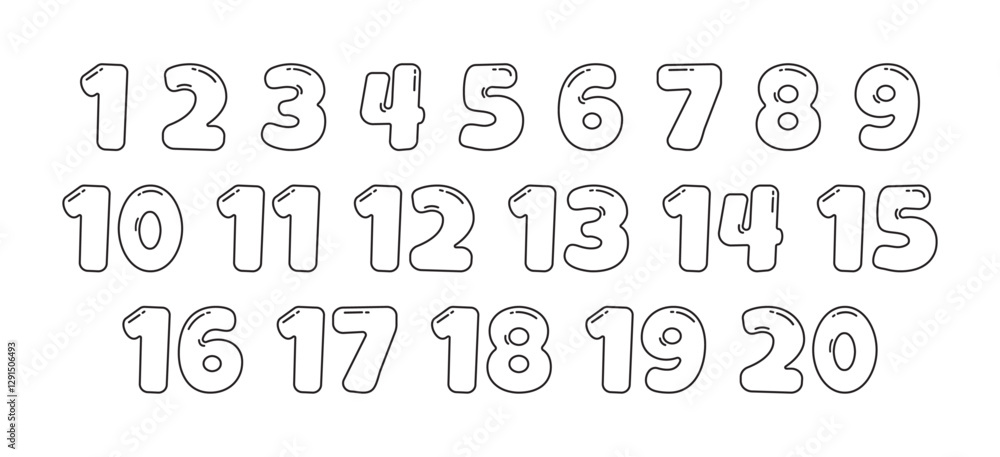 Cartoon number from one to twenty linear icon, cute kid math font ...