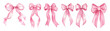 © Narin - Watercolor set of pink bows png. Pink satin ribbon bows in different ways of tying. Elements for romantic decor, girlish hairstyles, etc. Vector illustration.