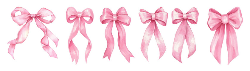 watercolor set of pink bows png. pink satin ribbon bows in different ways of tying. elements for rom