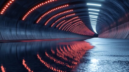 Wall Mural - 3d rendering of a curved tunnel with led lights on the ceiling reflecting in puddles on a wet dark s
