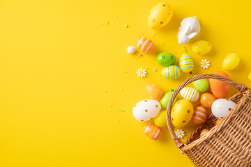 Wall Mural - easter eggs and a white rabbit figurine arranged with a wicker basket on a vibrant yellow background